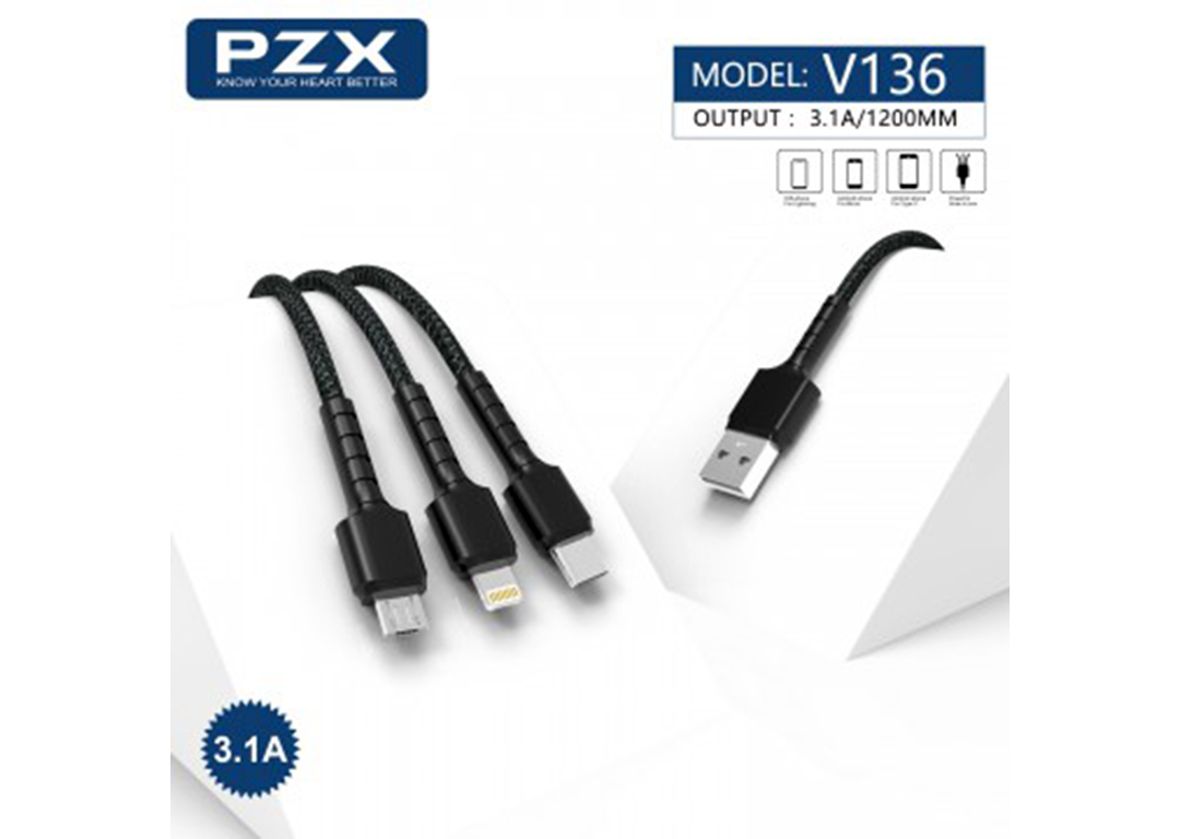 Cáp sạc USB 2.0 -> LIGHTNING + MICRO + TYPE-C PZX V136