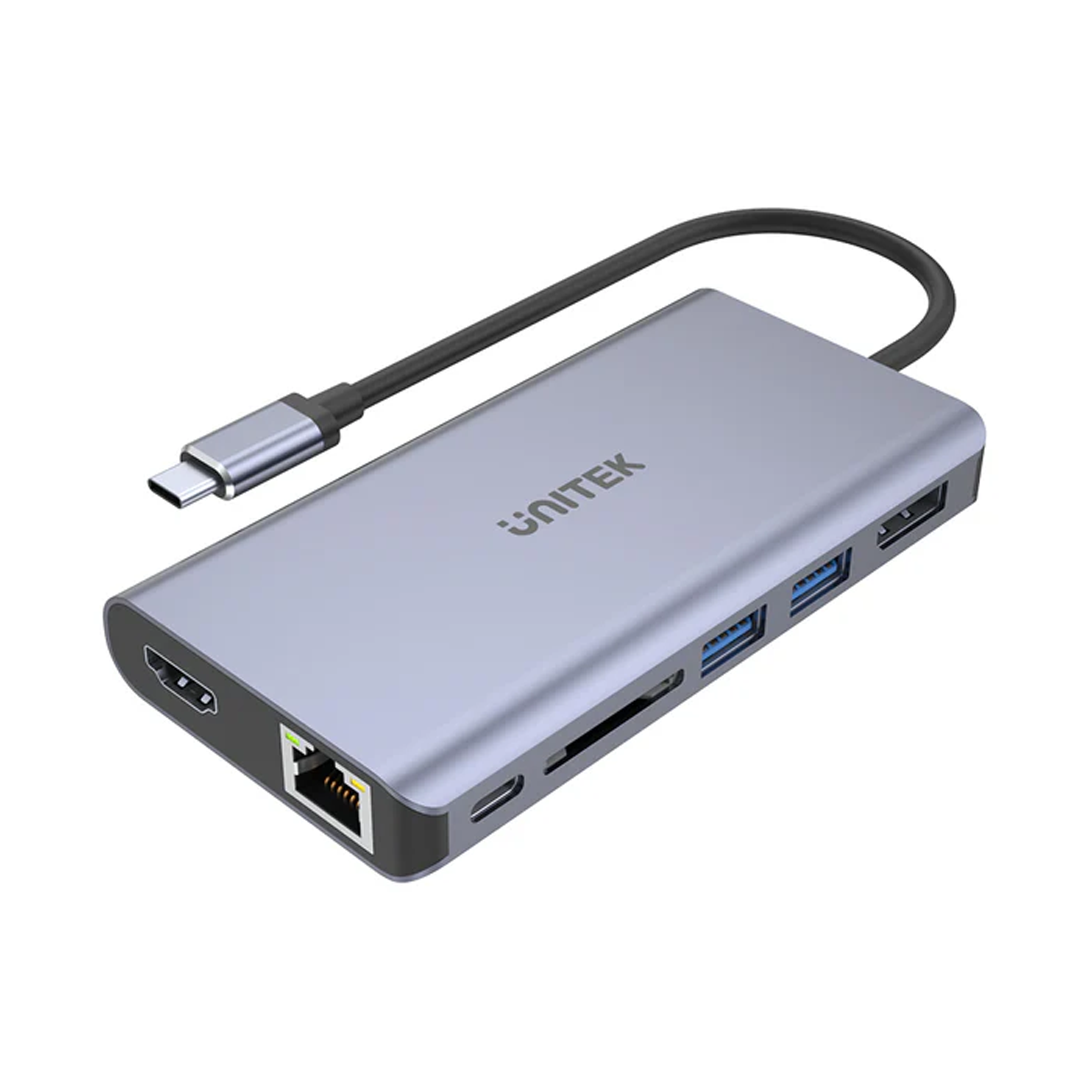 uHUB chia 6 trong 1 Type-C -> HDMI + DP + USB-A + Gigabit Ethernet + Card Reader + PD 100W UNITEK D1056A