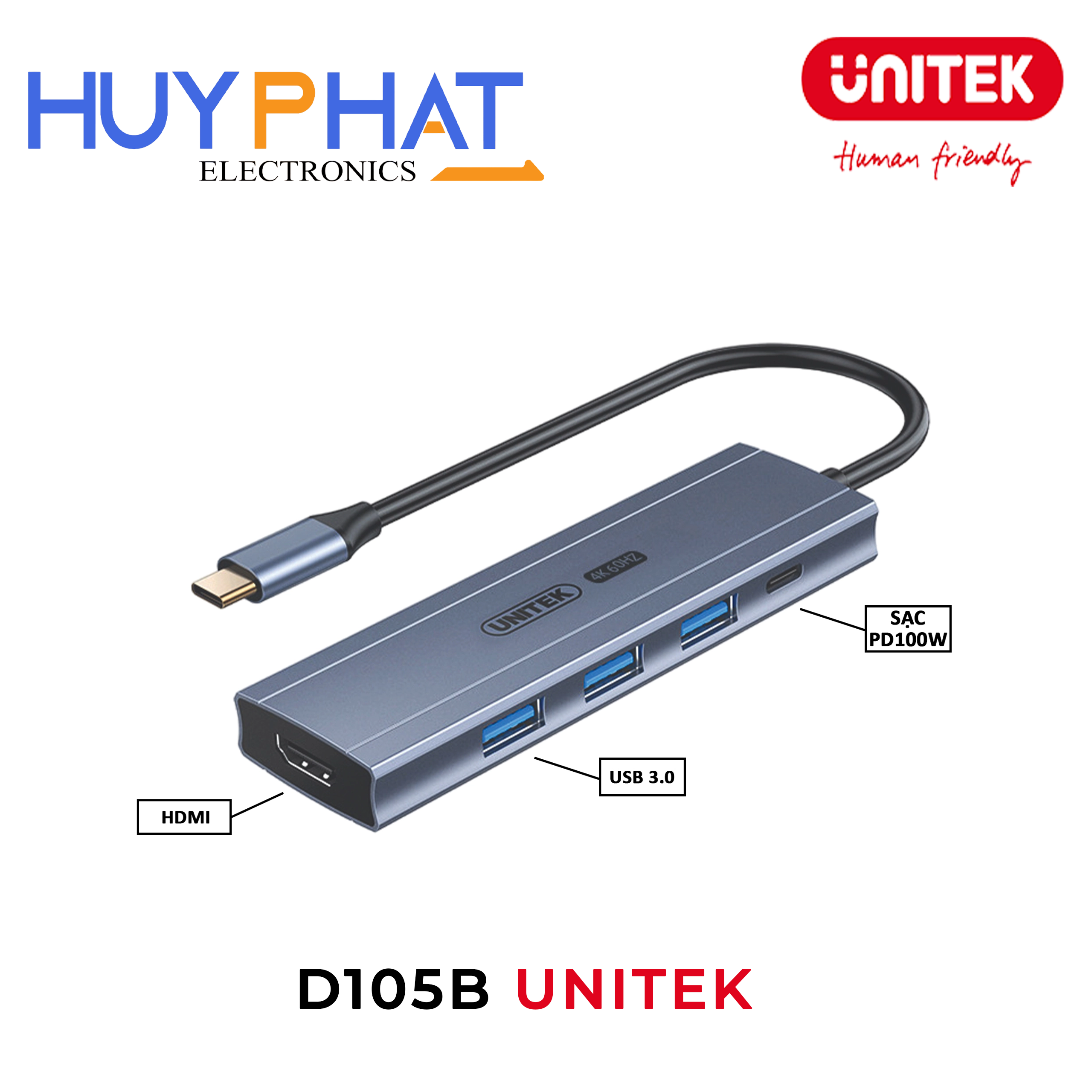 Bộ chuyển đổi 5 cổng Type-C ->USB 3.0 + HDMI 4K@60Hz + PD100W UNITEK D105B