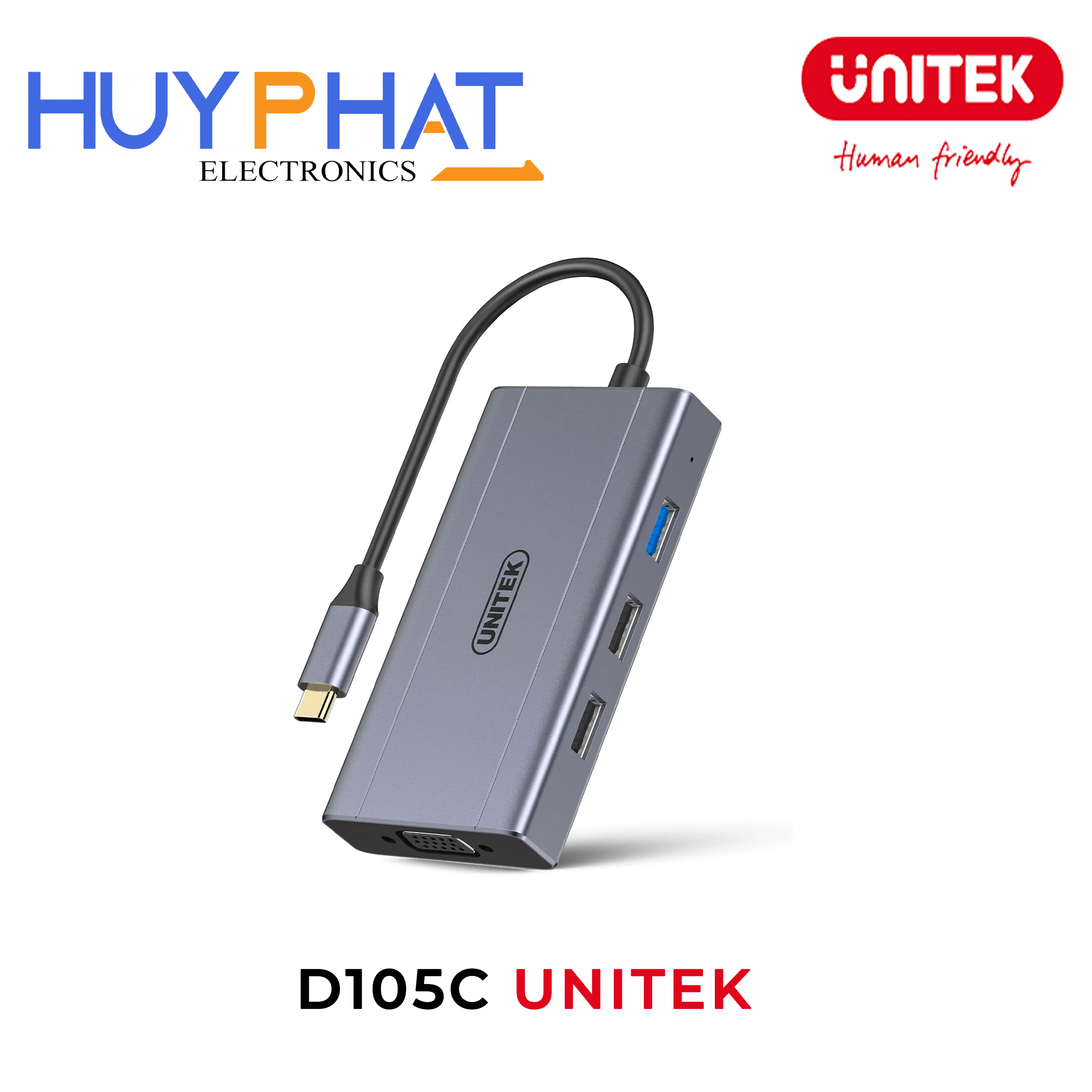Bộ chuyển đổi 7 cổng Type-C ->USB + HDMI 4K@30Hz + VGA 1080p@60Hz+ RJ45 + PD100W UNITEK D105C