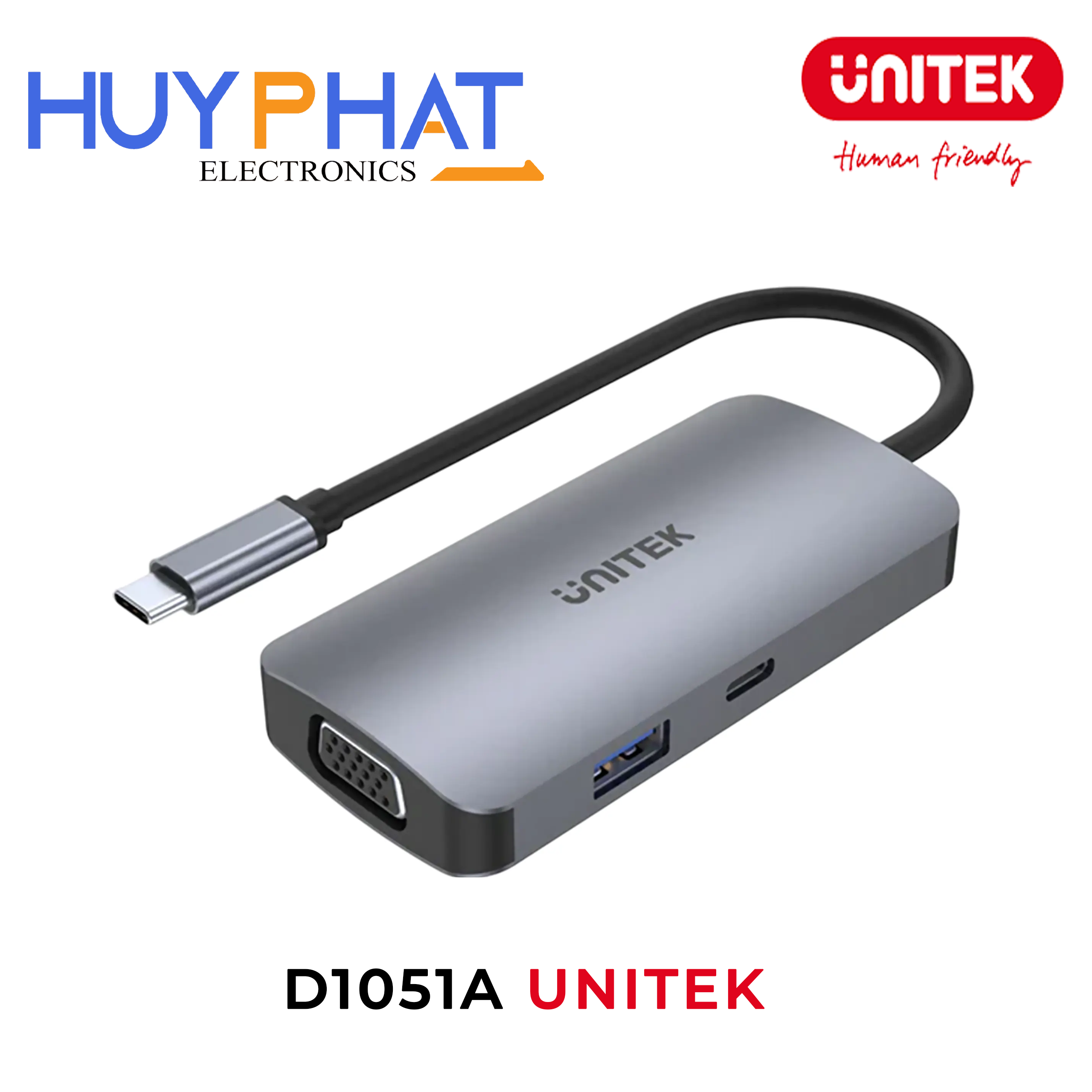 Bộ chuyển đổi 5 cổng Type-C -> USB3.0 + HDMI 4K@30Hz + VGA + PD 100W UNITEK D1051A