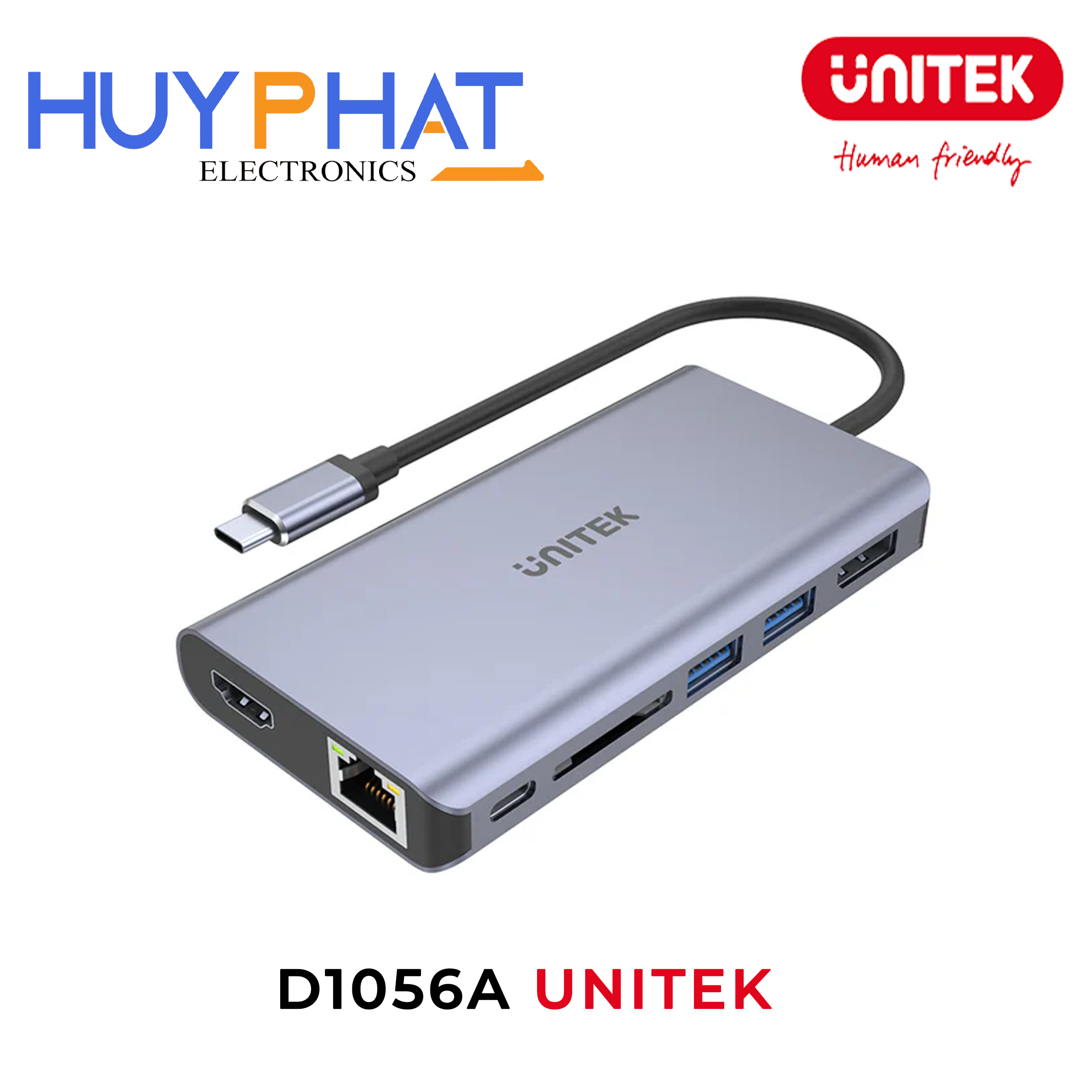 Bộ chuyển đổi 6 cổng Type-C -> HDMI 4K@30Hz + DP + USB-A + Gigabit Ethernet + Card Reader + PD 100W UNITEK D1056A