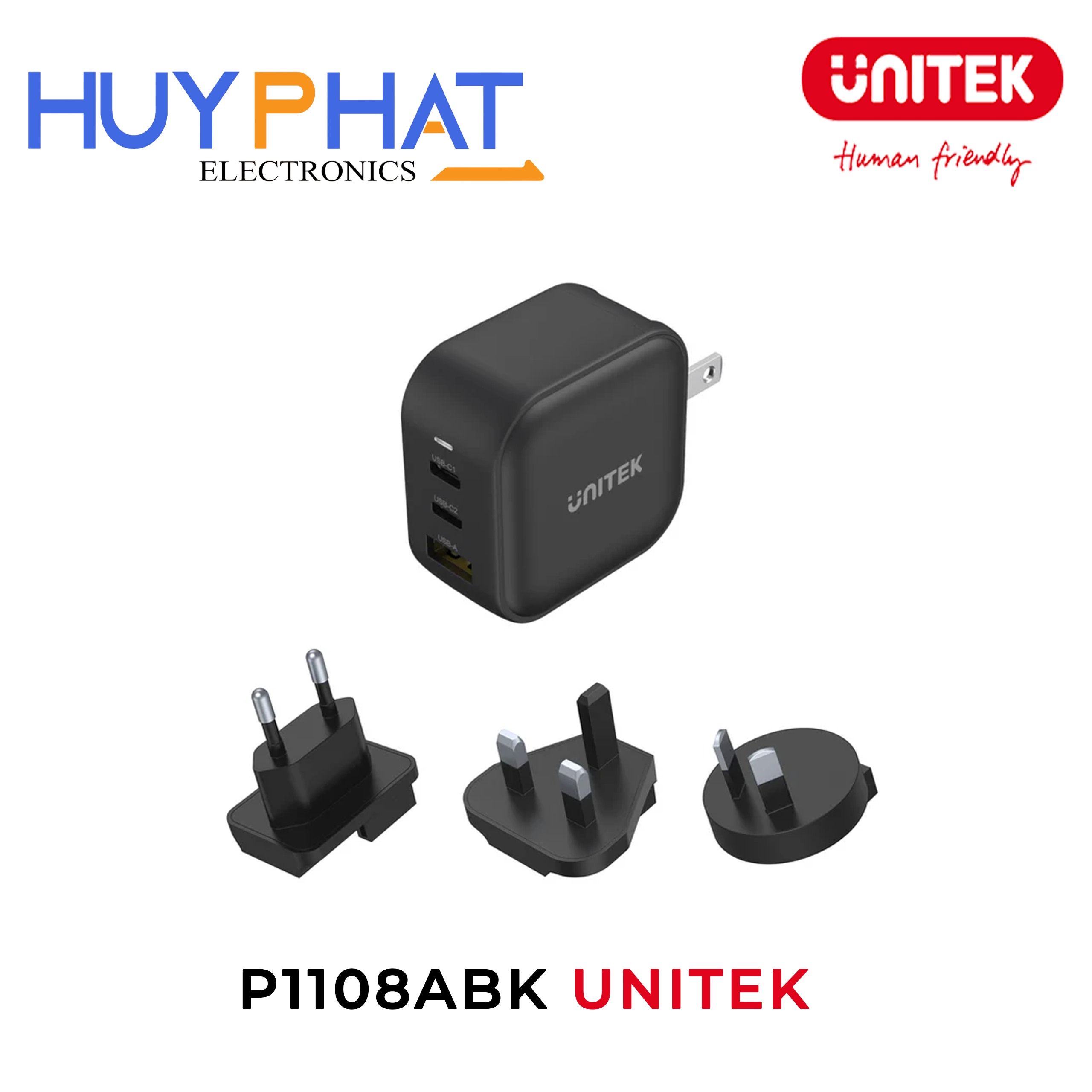 Dock sạc GaN 3 cổng USB + PD + QC 3.0 66W UNITEK P1108ABK