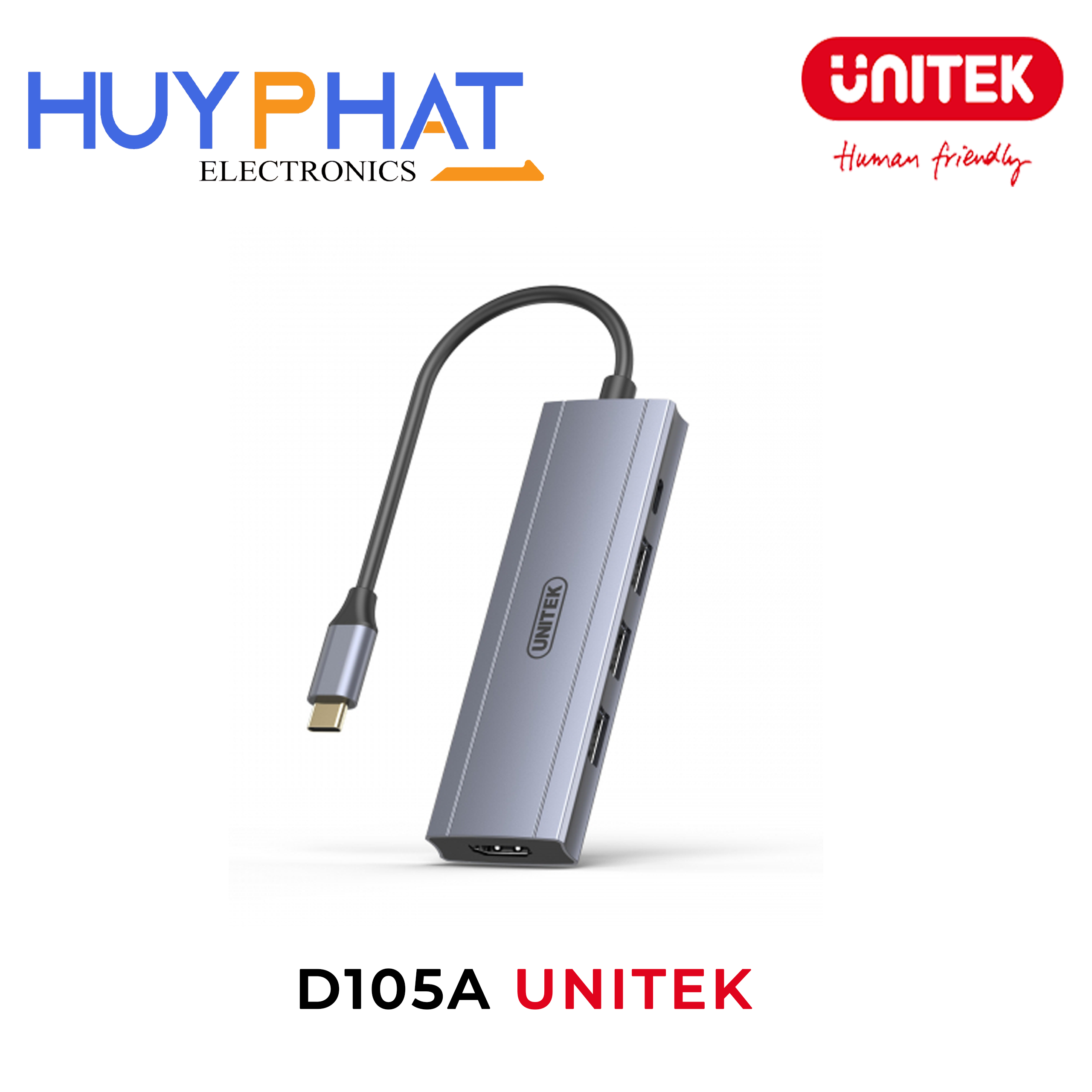 Bộ chuyển đổi 5 cổng Type-C -> USB3.0 + HDMI 4K@30Hz + PD 100W UNITEK D105A