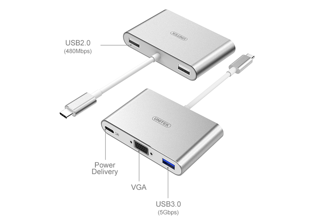 Hub chia 3 trong 1 Type-C -> USB 3.0 + USB 2.0 + VGA UNITEK Y-9102