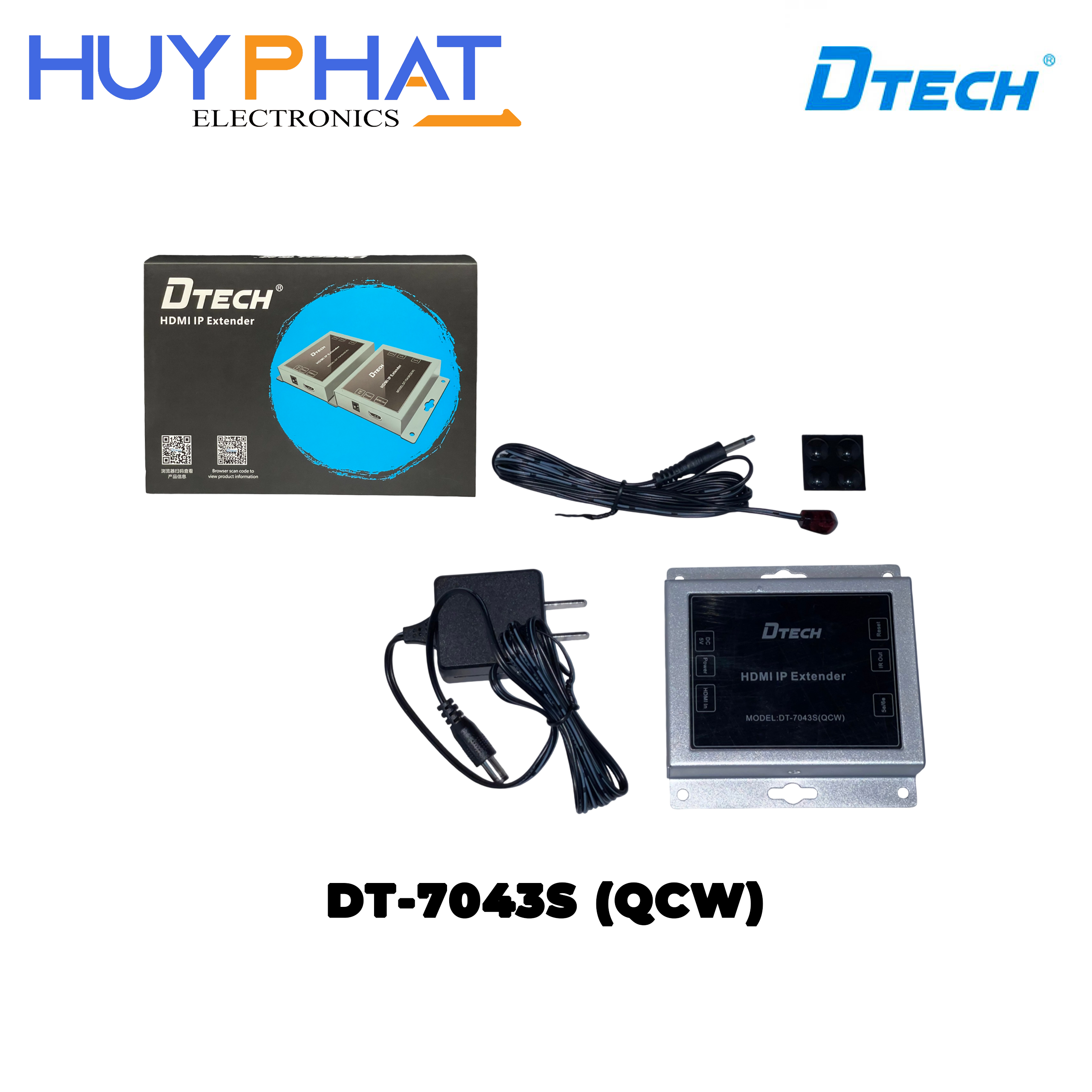 Hộp nối dài HDMI+IR -> LAN Cat 5e/6e 150m + Cáp IR + Nguồn DTECH DT-7043S QCW