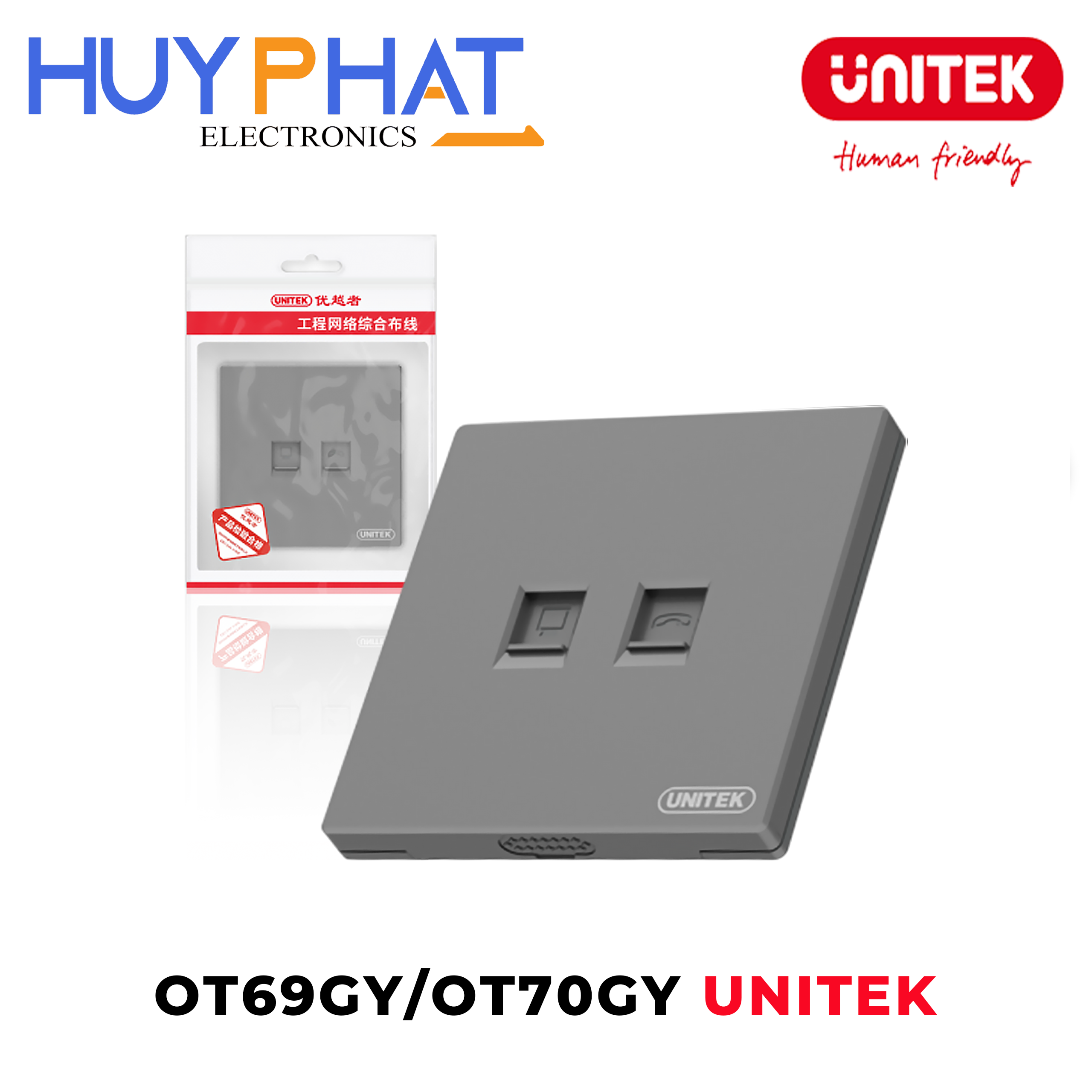 Mặt vuông âm tường đơn/đôi cổng mạng UNITEK OT69GY/OT70GY